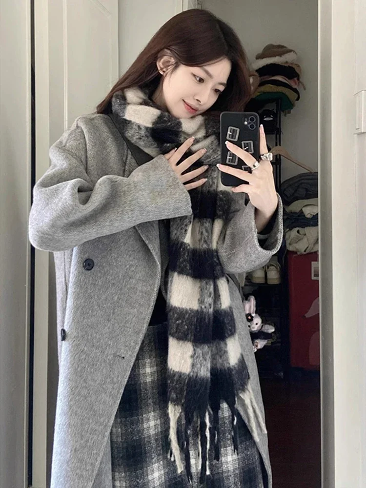 UNXX Gray Wool Coat for Women Female Office Lady, 2024 New Korean Style Mid-Length High-End Wool Jacket for Autumn/Winter Trendy