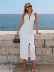 Wolfeel Summer Sleeveless Single Breasted Dress Fashionable Ladies Slim Fit Chic Collar Solid Color Long Dress Women's Clothing