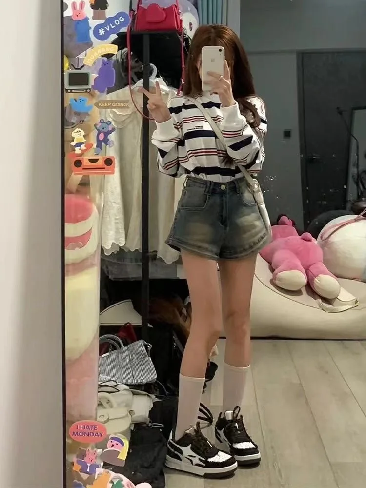 Retro Elastic Bodycon Denim orts Women Summer plus Size Slimming High Waist A-Line Wide Leg Hot Pants Casual Sle High Wai...