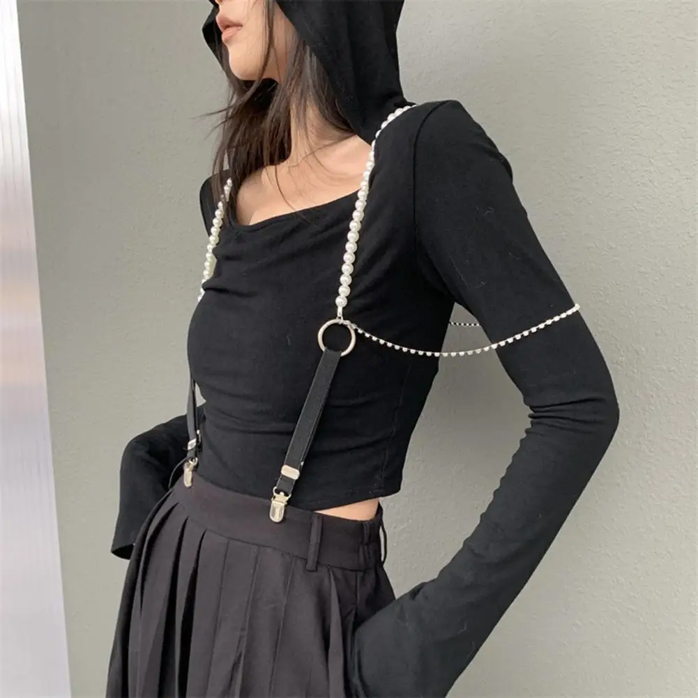 Pearl Back Strap Women Suspenders Belt Faux Leather Rhinestone Shirt Back Strap Adjustable Outwear Clothes Strap Chain Jewelry