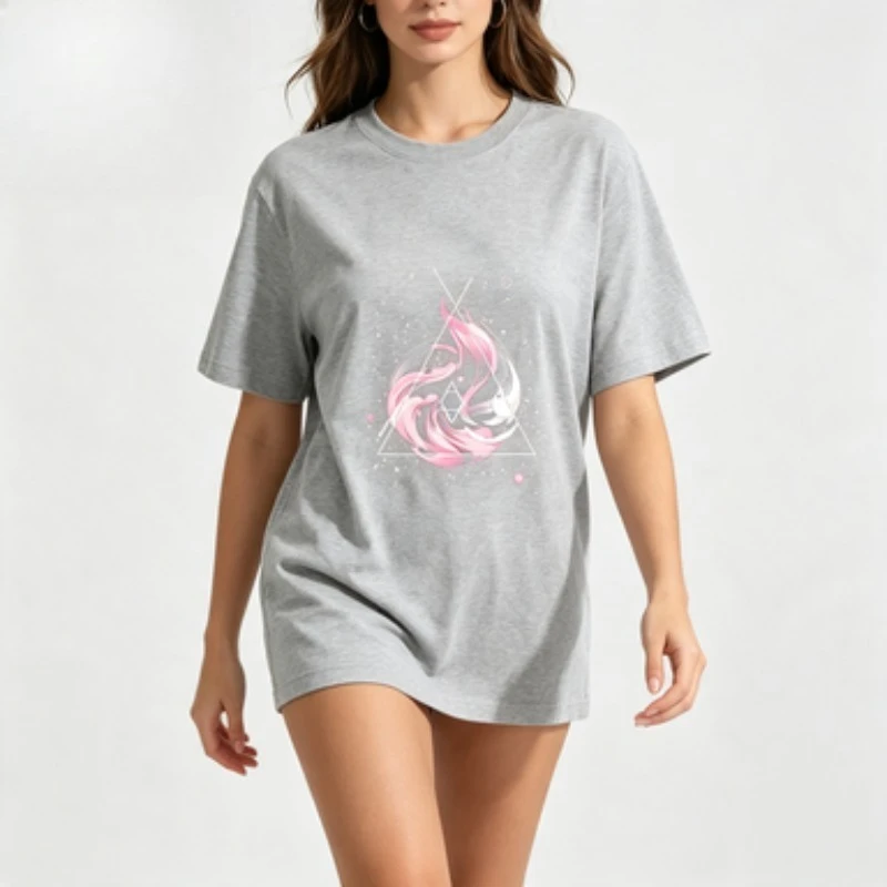 Women Cotton T-Shirt Pink Yin Yang Koi Fish Graphic Tee Geometric Triangle Starry Art Print Casual Crew Neck Short Sleeve Tops