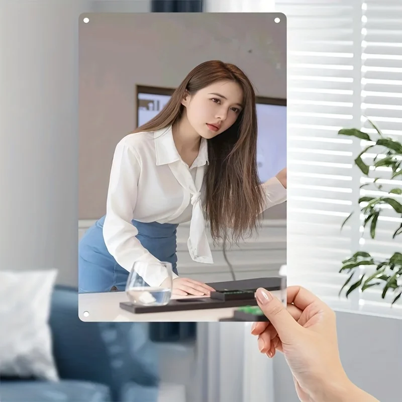 

Metal Sign Plate With Korean-Style Woman Artwork - Minimalist White & Brown Female Figure Poster For Home, Office, Cafe, Bar Wal