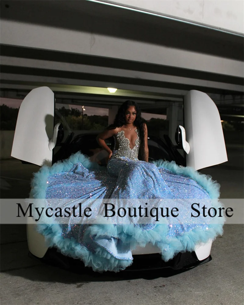 

Sky Blue Sequins Beaded Long Prom Dresses For Black Girls 2025 Crystals Rhinestones Ruffles Mermaid Customized Party Gowns