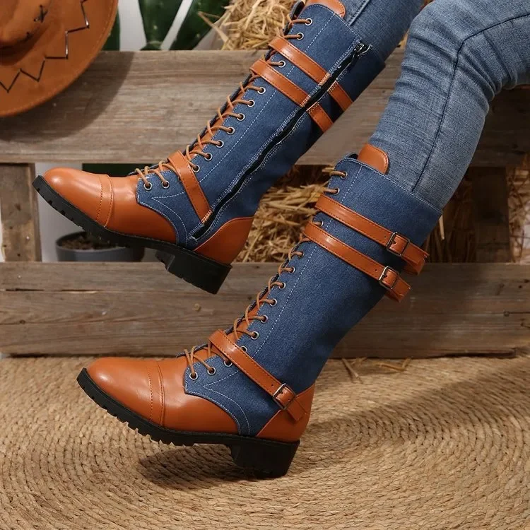 

Large Size Color Block High Top Knight Boots Women's New Style Belt Buckle Cloth Face Round Head Long Boots