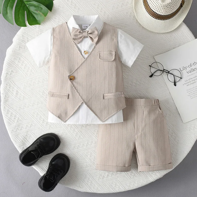 Boys Suit 2026 Spring and Summer New Childrens Wear Boys Baby British Style Foreign Short-sleeved Shorts Vest Three-piece Set