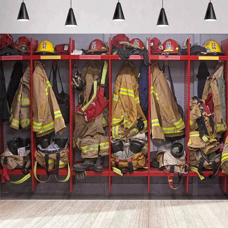 Firefighter Locker Room Photography Backdrop Firefighter Suits Equipments Fireman Firefighters Birthday Party Background Wall