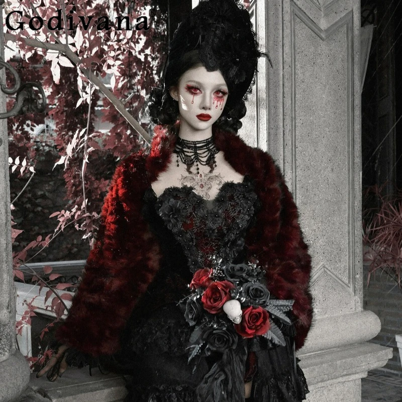 Mantella Gotica Rossa Romantica con Pelliccia, Cappotto Invernale Femminile in Stile Giapponese, Dolce Scialle Oversize a Maniche Lunghe per Donne