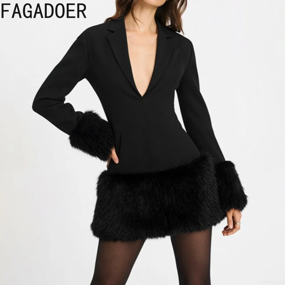 FAGADOER Winter New Sexy Fur Patchwork Bodycon Dresses Woman  Solid Color Deep V-neck Long Sleeves Dress Female Party Clubwear