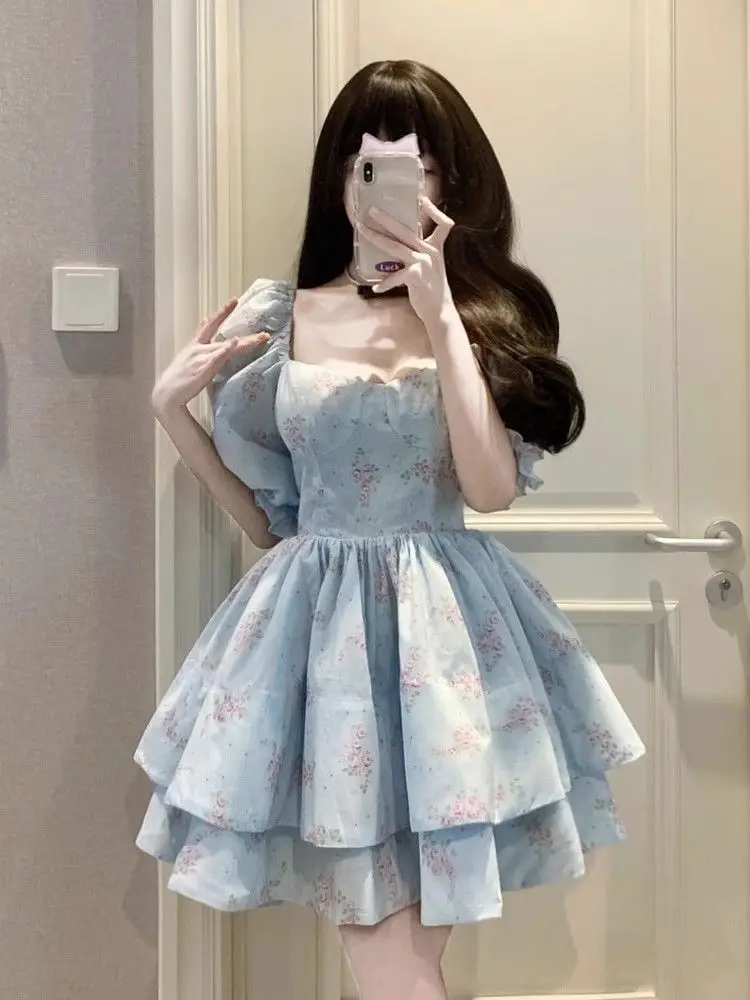 Korejepo French Coffee Break Floral Bubble Sleeve Dress Children Ballet Fluffy Super Fairy Disney Princess Dresses Vestido