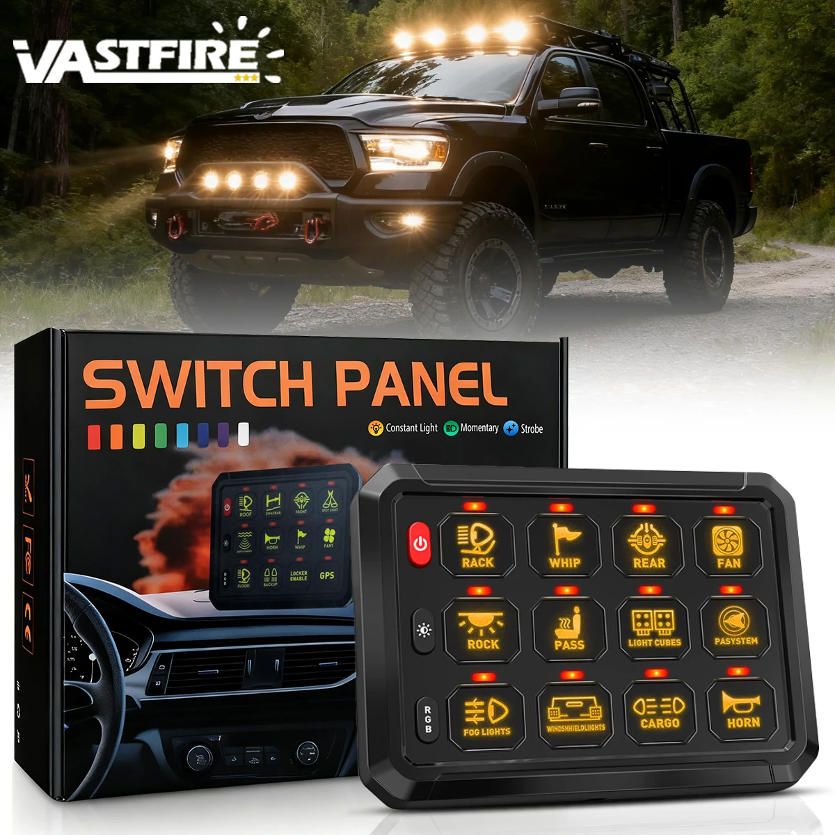 

VASTFIRE 12 Gang RGB Switch Panel, Universal Circuit Control Relay System Box with Automatic Dimmable On-Off LED Switch Pod Touch Switch Box for Car Pickup Truck Boat ATV UTV