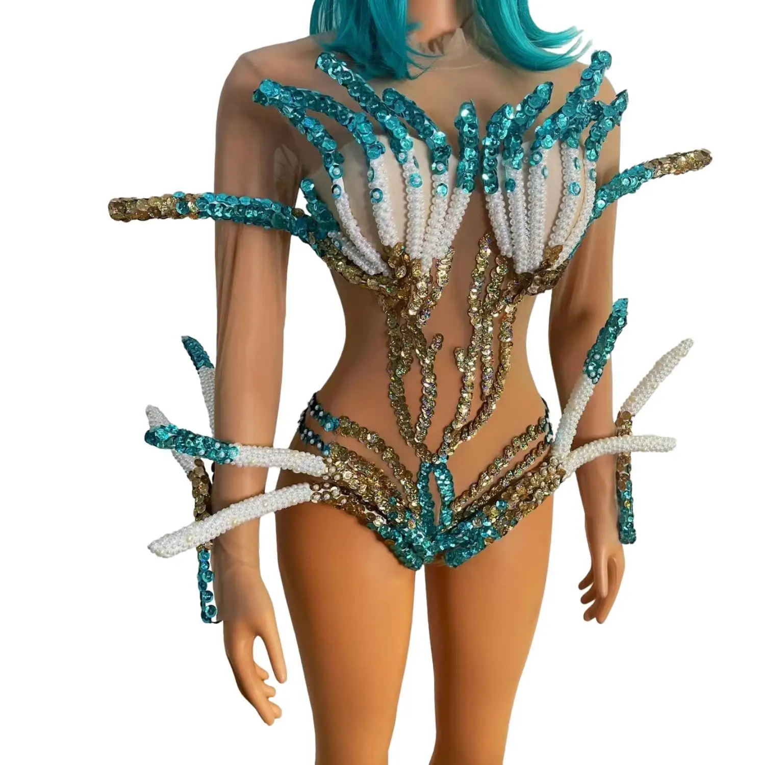 

Women Halloween Costumes Crystals Bodysuits Headwear Set gig Party Performance Wear Carnival Rave Festival Drag Costume Shanhu