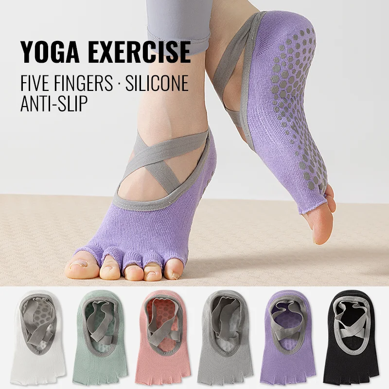 

MiiOW Toeless Pilates Sock Five Finger Socks Women Non-Slip Grip Yoga Sock Indoor Fitness Barre Dance Ankle Sock Split Toe Socks