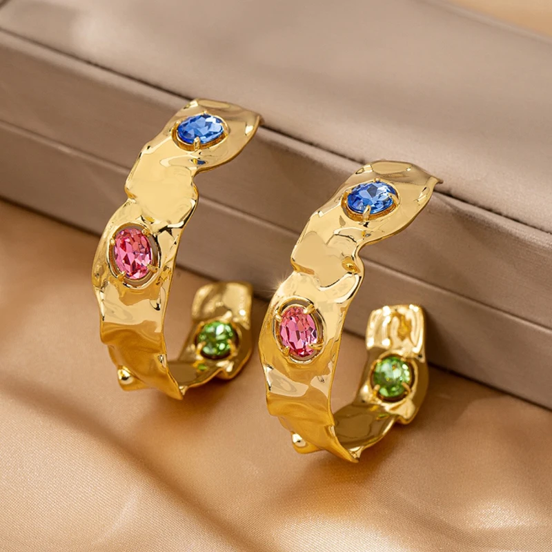 

SENYU Jewelry Luxurious Gold Plated Irregular Big Circle Earrings Fashion Colorful Rhinestone Women Party Anniversary Jewelry