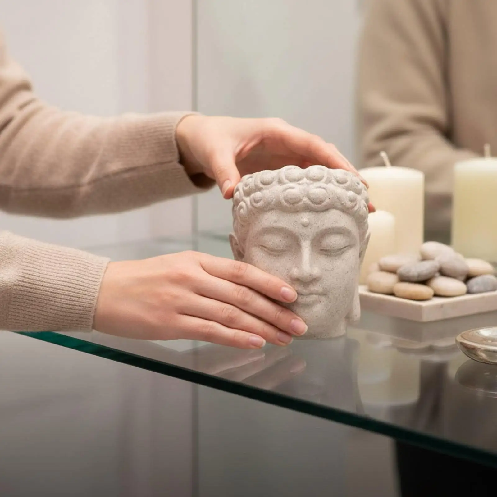 Buddha Flowerpot Resin Head Plant Vase Functional Drainage Desktop Ornament for Interior Spiritual Space