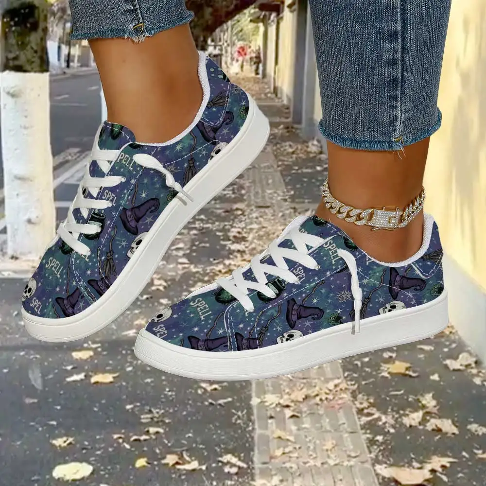 Women Occult Magic Halloween Canvas Sneakers, Lace‑Up Low‑Top Casual Shoes, Witch Hat Broom Skull Spell Print Fashion Daily Foot
