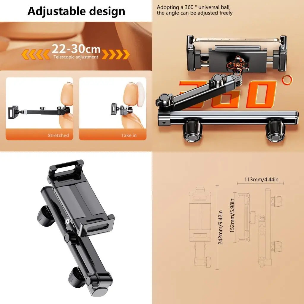 

31BC 360 Degree Rotating Car Headrest Phone Tablet Holder Double Rod Mount Stand