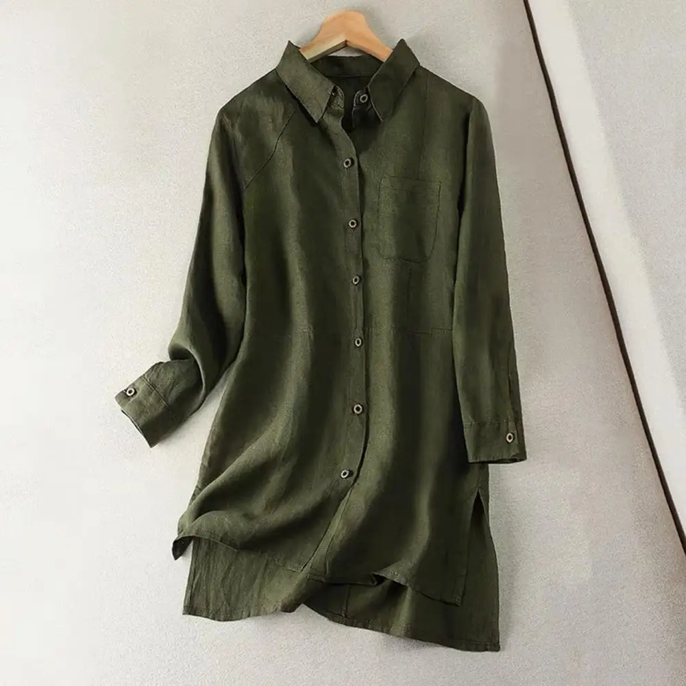 Spring Autumn Top Vintage Lapel Neck Long Sleeve Women\'s Shirt Solid Color Mid-length Work Tops for Spring Summer Fashion Soft