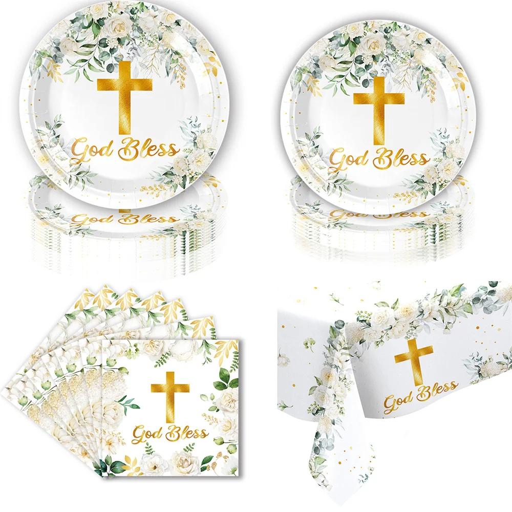 

White Cross Baptism God Bless Decorations Tableware for baptismal parties first communion baby showers Easter