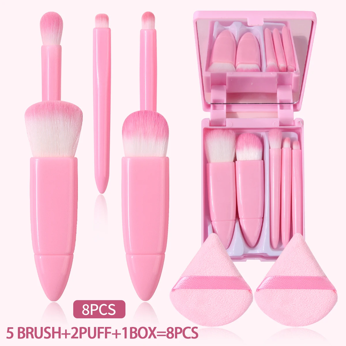 8-teiliges Mini-Reise-Make-up-Pinsel-Set mit Spiegel & Puderquasten, Kostenloser Versand