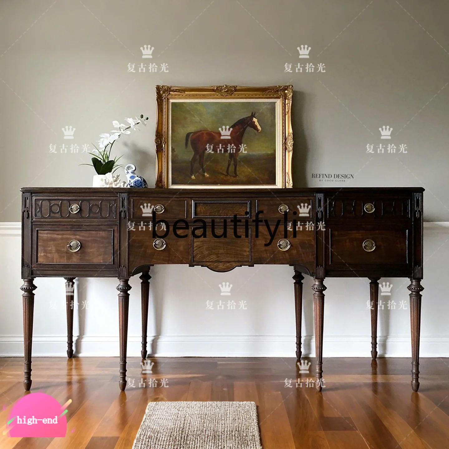 

CC French retro solid wood carving flower porch cabinet living room decorative cabinet foyer wall locker