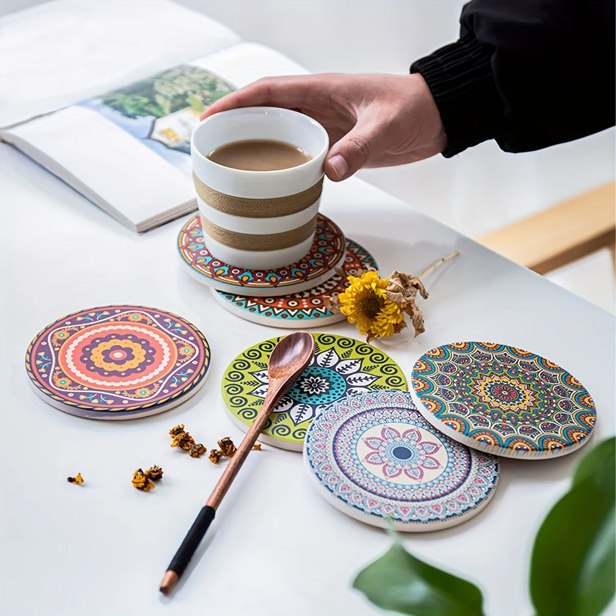 

1Pc Mandala Flower Round Coaster Non-Slip Insulated Placemats Flower Table Mat Kitchen Dining Tabletop Accessories