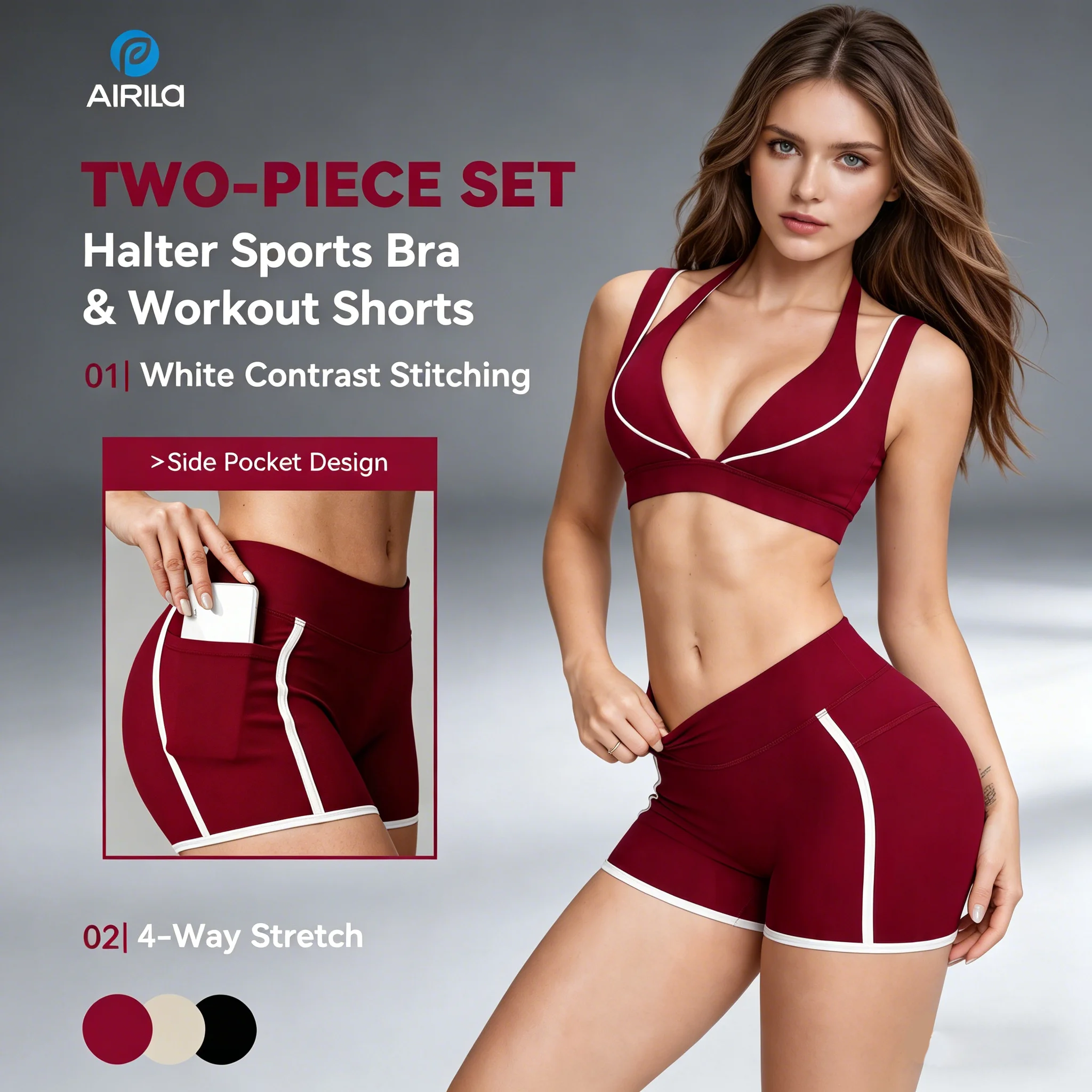 AIRILA 2 PCS Women's Yoga Pilates Gym Set Tracksuit Sexy Backless Sports Bra Color Blocked Shorts Side Pocket Workout Athletic  Push Up