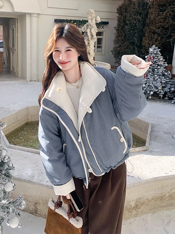 Giacca Imbottita da Donna Reversibile con Collo Alto, Stile Tartan, Nuova Collezione Invernale 2025, Design Coreano Giovanile e Caldo