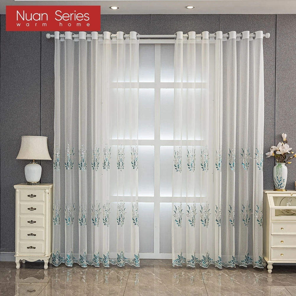 1PC Nuan Series White Sheer Voile Fabric Embroidered Curtain for Living Room Bedroom Ready Made Tulle Curtain