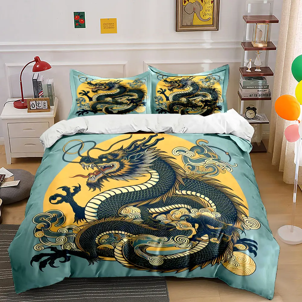 Chinese Dragon with Clouds Bedding Set for Kids Luxury Gift 3pcs Digital Print Comforter Set Soft Comfortable Breathable