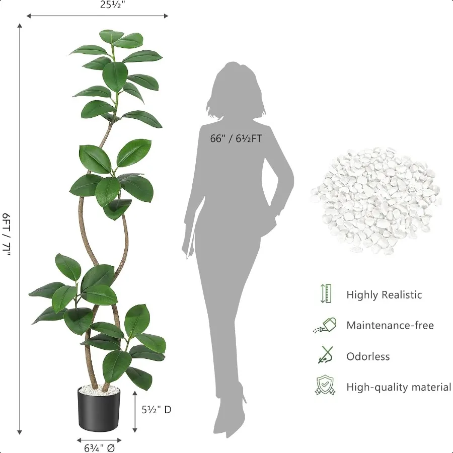 6FT Artificial Plants Rubber Tree with Black Resin Potand White Stone Faux Tree Indoor Artificial Trees Tall Plant Fake Tree Tr