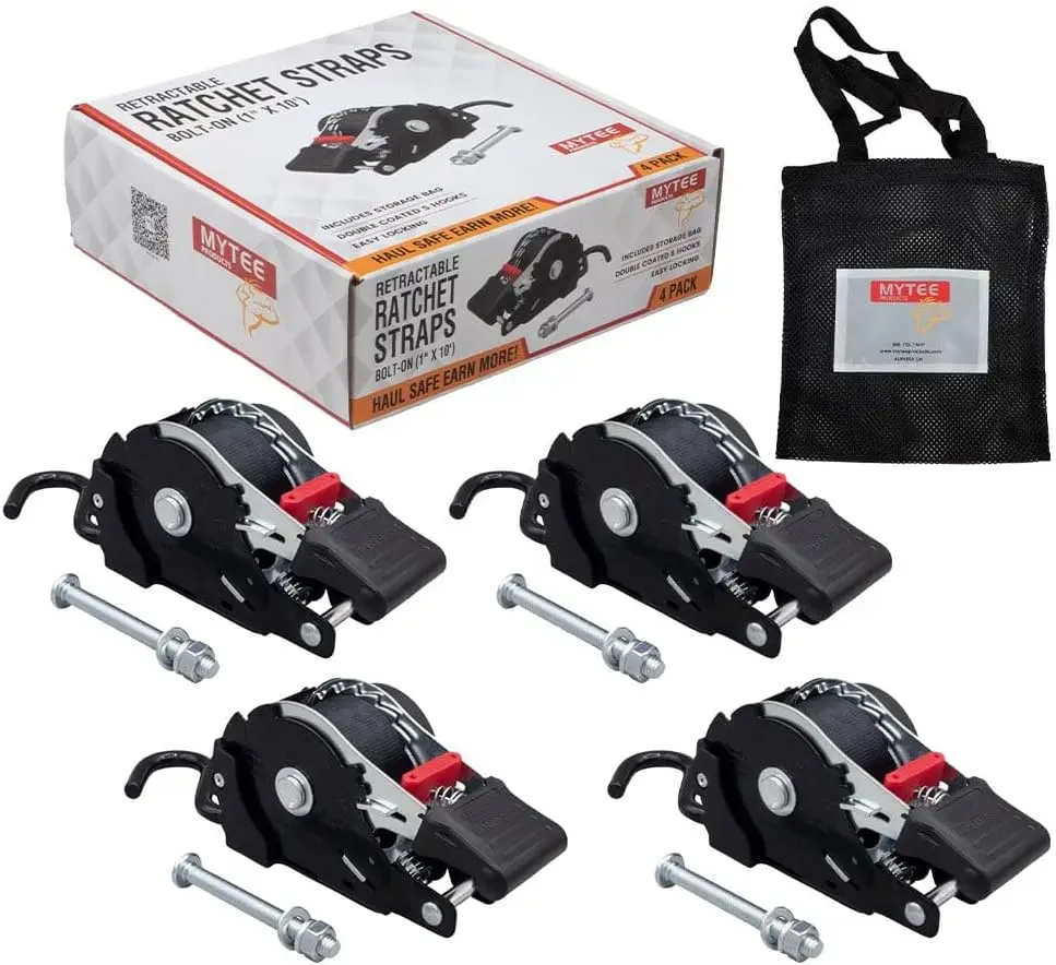 

4-Pack 1" x 10' Auto-Retractable Ratchet Straps with Coated S Hooks for Cargo, Boats, ATVs