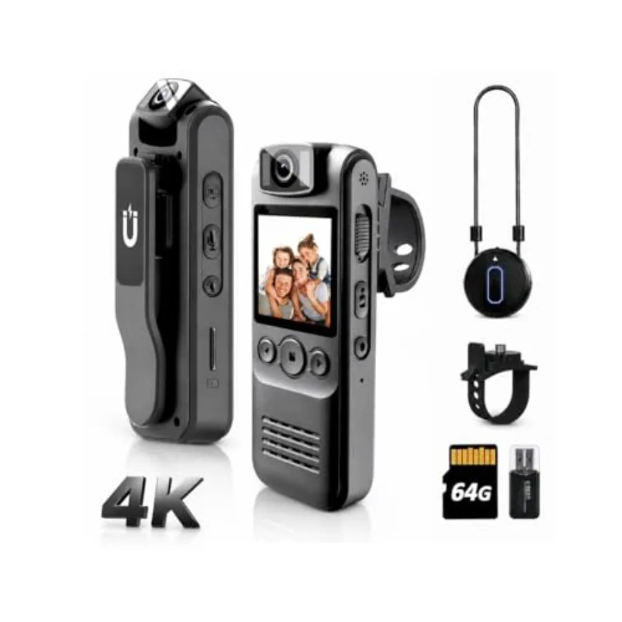 

Outdoor law enforcement body camera with 4K HD audio/video recording, black polycarbonate housing, magnetic clip, flashlight, 6