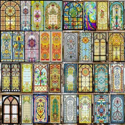Vintage Self-adhesive Cling Privacy Window Film Frosted Translucent Stained Church Glass Sticker Bathroom Sticker Home Art Decor