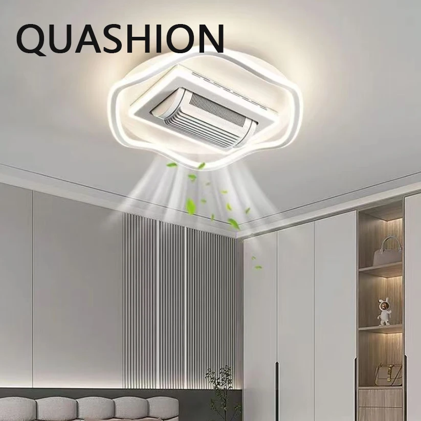 

QUASHION New Design Ceiling Fan Light Metal Material Unique Shape Cylinder Bladeless Fan Lamp LED Remote Control Bedroom Lustres