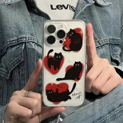 Ins Lovely Love Heart Black Cat Phone Case For Samsung S25 S24 S23 S22 S21 S20 FE Note20 Note10 Plus Ultra Lite 5G Clear Cover