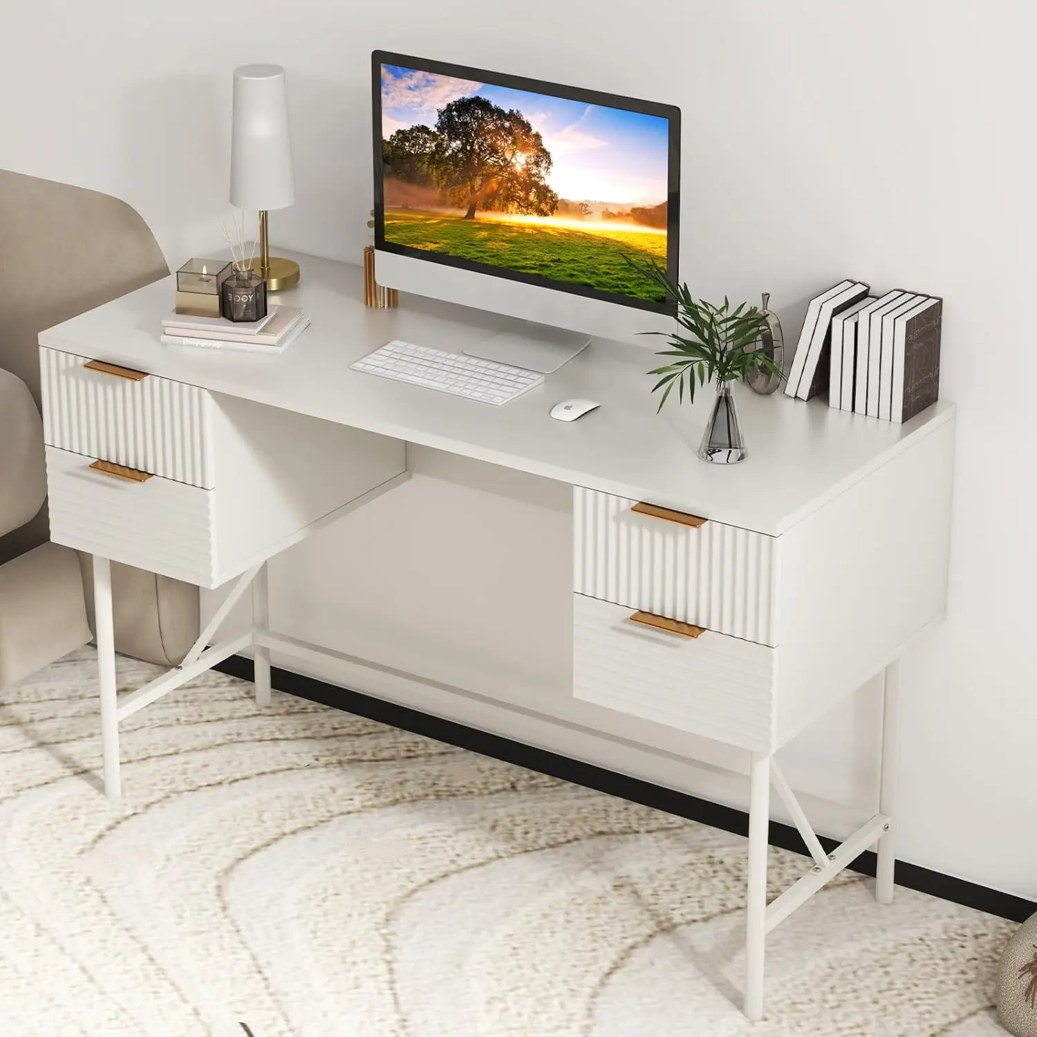 Stylish White Computer Desk with 4 Drawers Ample Storage Space Metal Frame 48 Inch Home Office Study Furniture