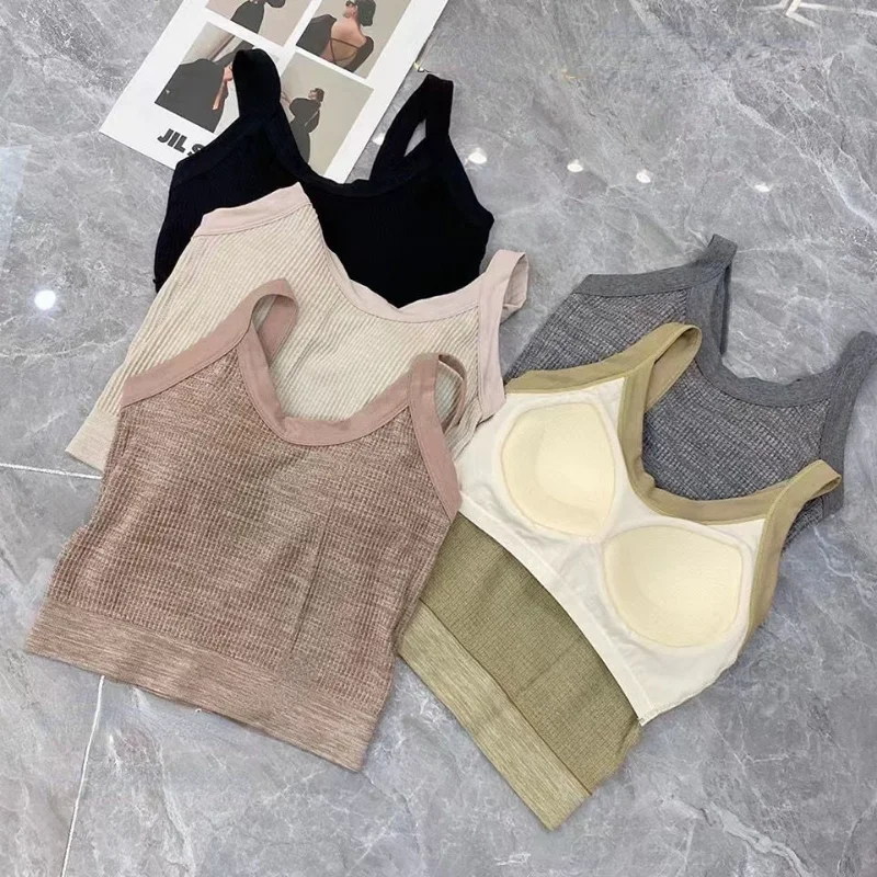 Summer Vest Top Sleeveless O Neck Women Camisole Casual Solid Color Black Gray T-shirt with Built In Bras 5 Color Slim Tank Top