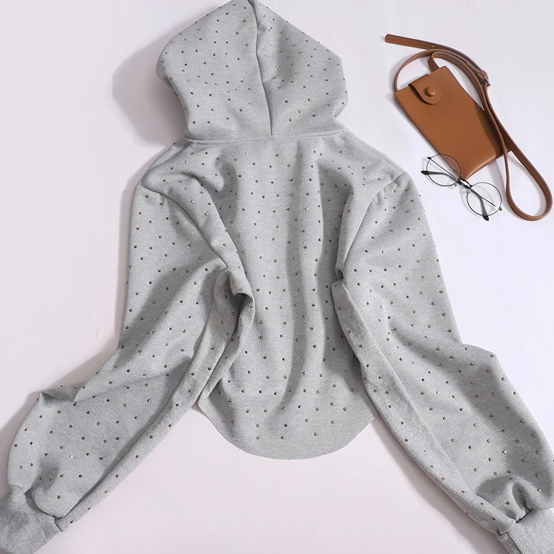 KUSAHIKI Autumn New Diamonds Zipper Fashion Hooded Coat Causal Long Sleeve Short Cardigan Outwear Tops 2023 New Women Jackets