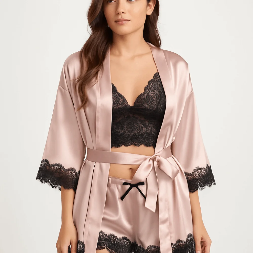 

Fashion Elegant Satin Pajamas Outfit V-Neck Panties Shorts Camisole Nightdress Ice Silk Bowknot Lace Sleepwear Sets Summer