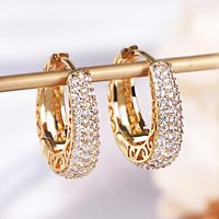 Full Sparkling Zircon Inlaid Golden Hoop Earrings Retro Elegant Style 18K Gold Plated Jewelry Female Gift