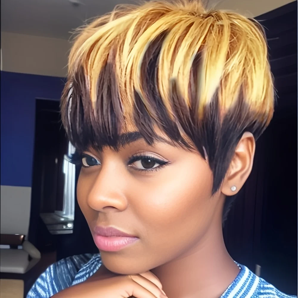 

Short Layered Pixie Cut Wig With Bangs Highlight Blonde Brazilian Human Hair Full Machine Made Wig For Women