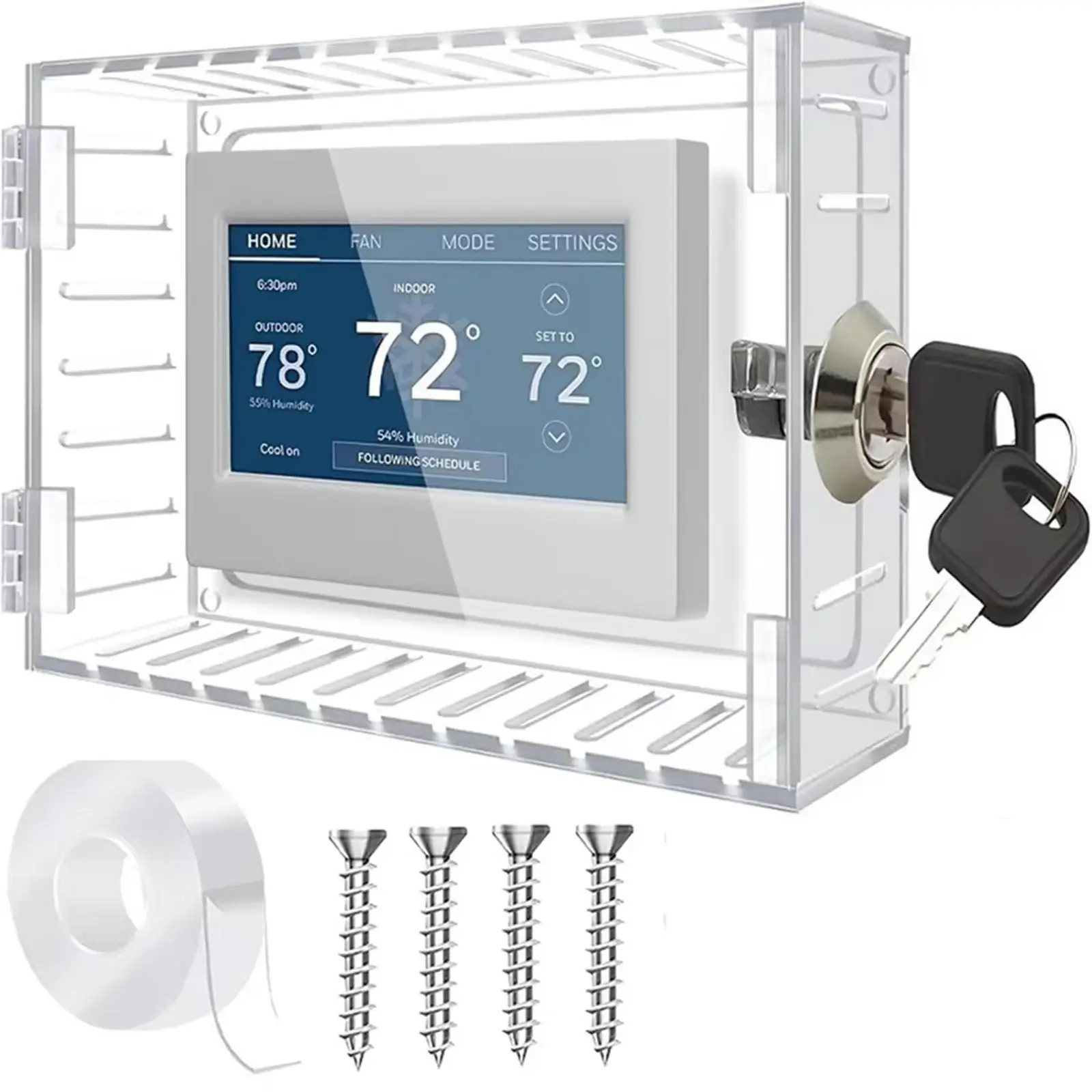 Clear Thermostat Cover Lock Box with Screws and Nano Glue for AC Panel Guard in Public Facility