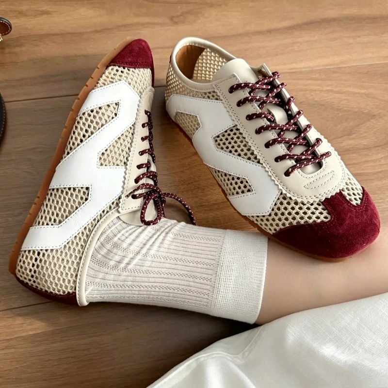 Fashion Mixed Colors Lace-Up Design Flat Sneakers Women Breathable Hollow Mesh Casual Shoe for Ladie 2026 Summer New Mesh Shoes