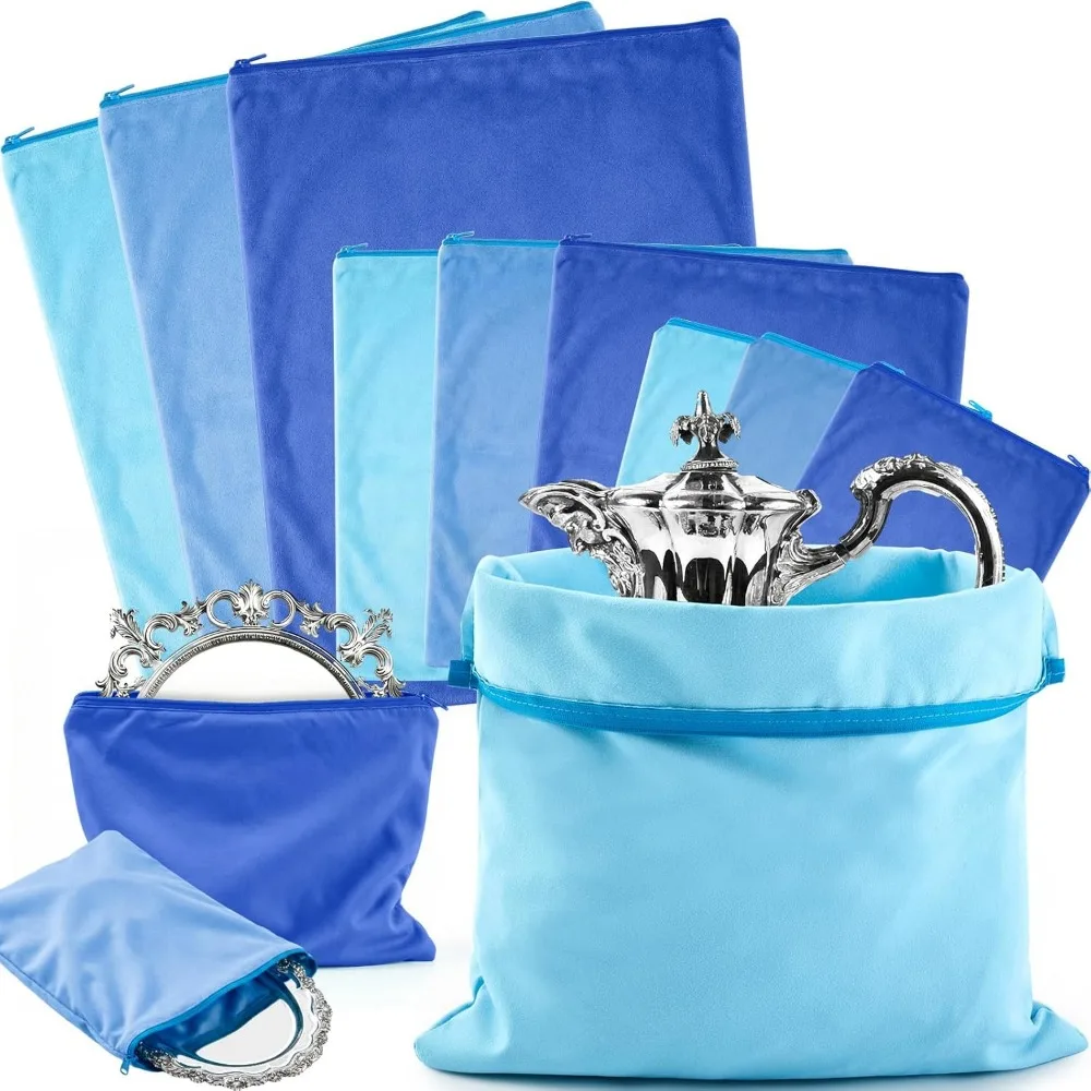 

9 Pack Zippered Anti Tarnish Storage Bags with Polishing Cloth for Jewelry and Flatware in Three Sizes