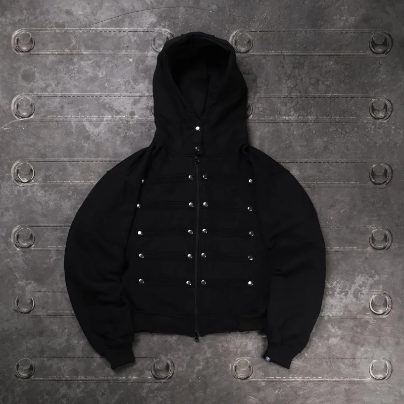 American High Street Punk Style Button Decoration Zipper Hoodie Men's Y2k Fashion Casual Loose Hooded Sweatshirt Streetwear