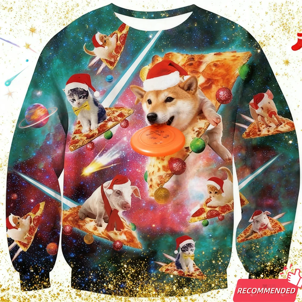 Space Animals Ugly Christmas Sweater For Men Clothing Funny Food Dog Shark Sweater Xmas Holiday Crew Neck Sweatshirt Jumpers Top