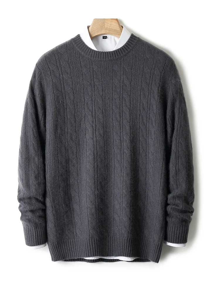 Light Luxury 100% Pure Wool Knitted Pullover Sweater men's 0-neck Thick Twisted Flower Cashmere Loose Casual Business Bottom Top