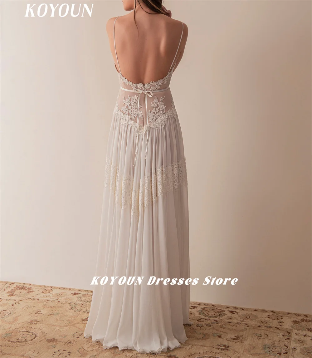 KOYOUN-Boho Lace vestido de casamento aberto, decote profundo, costas abertas, ilusão elegante, gelinlik sexy, vestido de festa nupcial, linha A, 2024