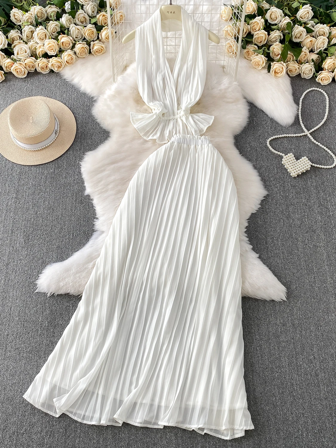 

Beach Vaion Long Dr Set Sexy Bal V-ne Waist Cinch Lace Trim Vest Top High Waist Pleated Skirt Two-piece Set
