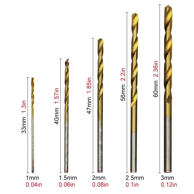 HSS Titanium Coated Twist Drill Bits 1/1.5/2/2.5/3mm Straight Shank Micro Drill Bit Set For Metal Wood Plastic DIY Drilling Tool